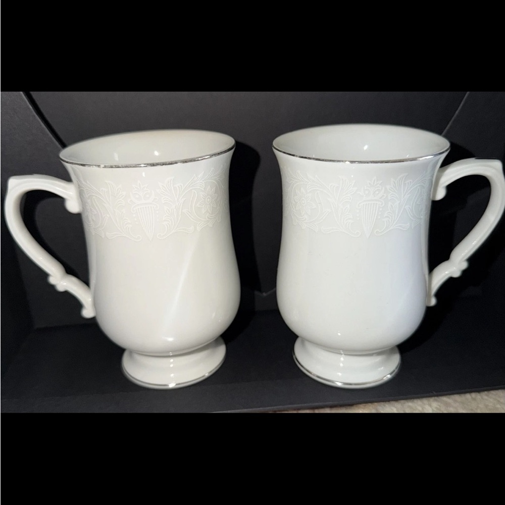 Vintage White Porcelain Mugs Set of 2 Silver Trim Elegant Tea Coffee Cups